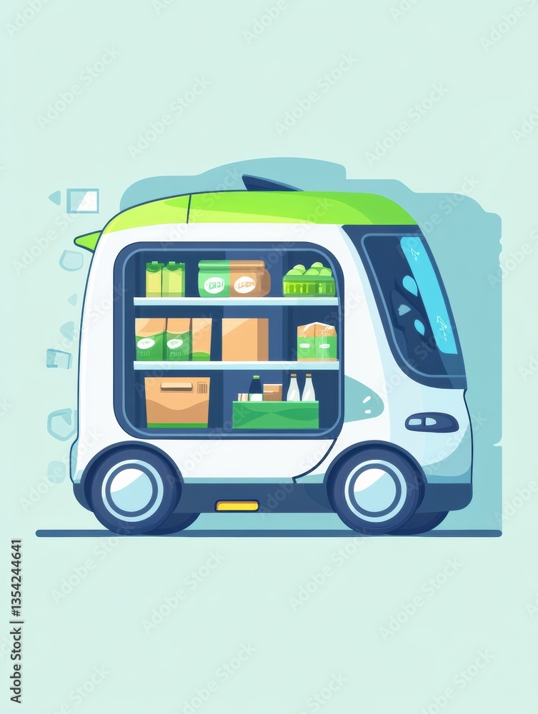 Fototapeta premium Futuristic eco-friendly delivery car transports grocery orders in a vibrant, modern style set in a bright urban environment