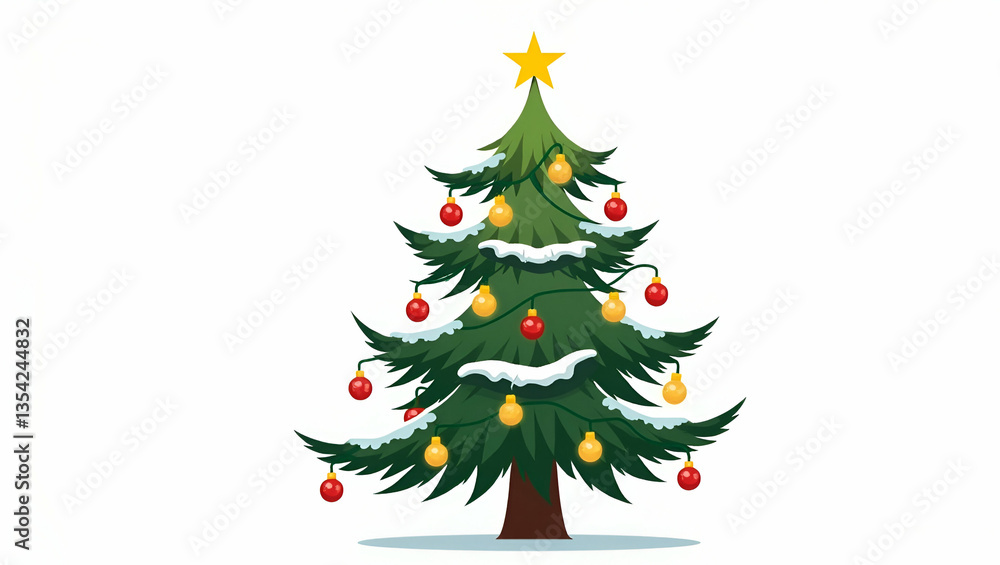 Flat Vector Illustration of a Christmas Tree with Lights, Stars, and Snow on Leaves - Festive Design Flat Vector Illustration of a Christmas Tree with Lights, Stars, and Snow on Leaves - Festive Design