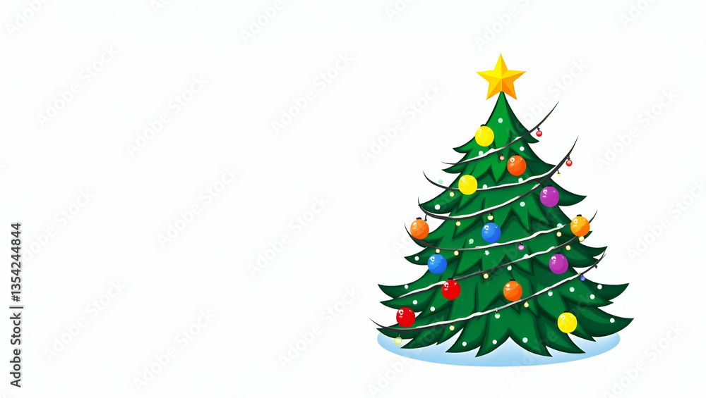 Charming Flat Vector Illustration of a Christmas Tree with Lightbulbs, Stars, and Snow - Perfect for Holiday Designs and Festive Decor on a White Background Charming Flat Vector Illustration of a Christmas Tree with Lightbulbs, Stars, and Snow - Perfect for Holiday Designs and Festive Decor on a White Background