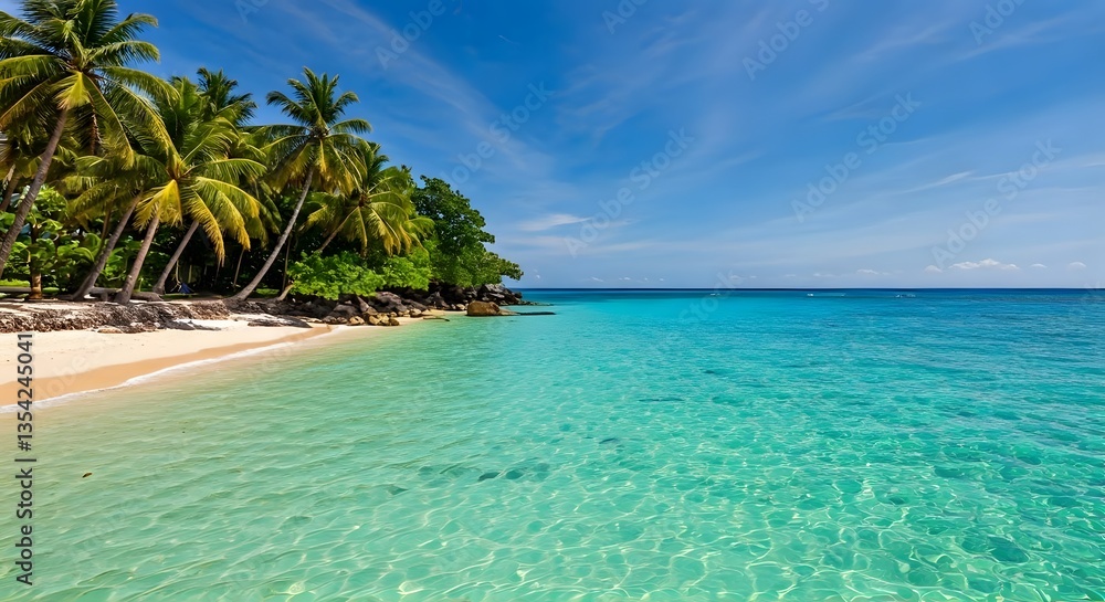 Fototapeta premium A tropical beach with crystal-clear turquoise waters and palm trees swaying in the breeze, Ai Generated