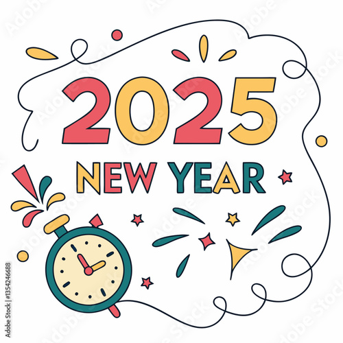 2025 New Year Colorful Design - Festive Clock & Fireworks Illustration.