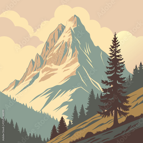 Vector Mountain Landscape: Sunset Peaks & Evergreen Forest - Vintage Style Illustration.