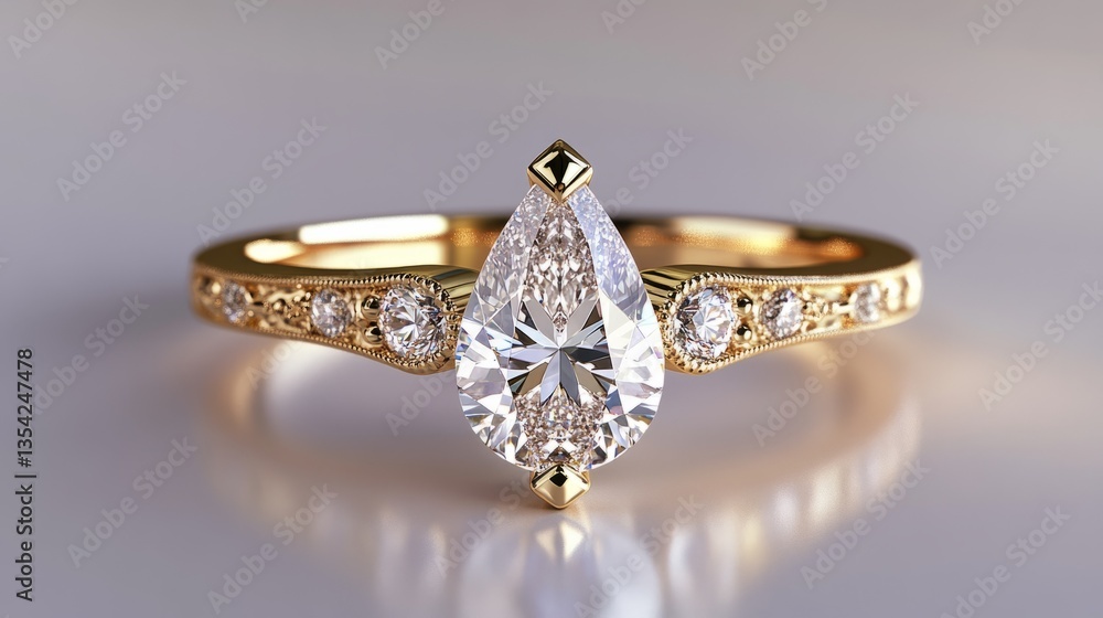 3D gold engagement ring with a pear-shaped diamond and intricate band details, displayed on transparent background, glossy finish, crisp focus, and luxurious and romantic appearance. 3D gold engagement ring with a pear-shaped diamond and intricate band details, displayed on transparent background, glossy finish, crisp focus, and luxurious and romantic appearance.