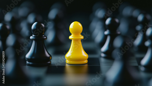 Bright yellow pawn stands out among dark pieces in a strategic chess match, showcasing focus and determination in the game