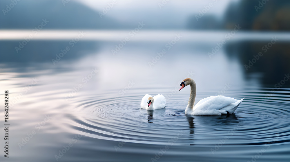 Fototapeta premium Two swans glide across still misty lake surrounded by mountains, ideal for romantic-themed prints, calm branding and travel posters. Selective focus