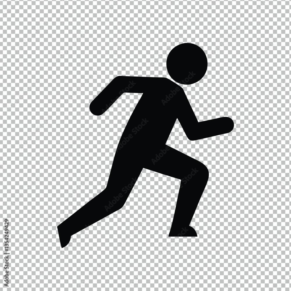 Minimalist running figure icon, black silhouette, transparent background, simple geometric shapes, stick figure in motion, universal symbol, dynamic pose, athletic pictogram, clear graphic design Minimalist running figure icon, black silhouette, transparent background, simple geometric shapes, stick figure in motion, universal symbol, dynamic pose, athletic pictogram, clear graphic design