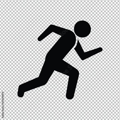 Minimalist running figure, black silhouette, stick figure in motion, dynamic pose, simple geometric shape, icon design, transparent background, high contrast, athletic symbol, universal signage style