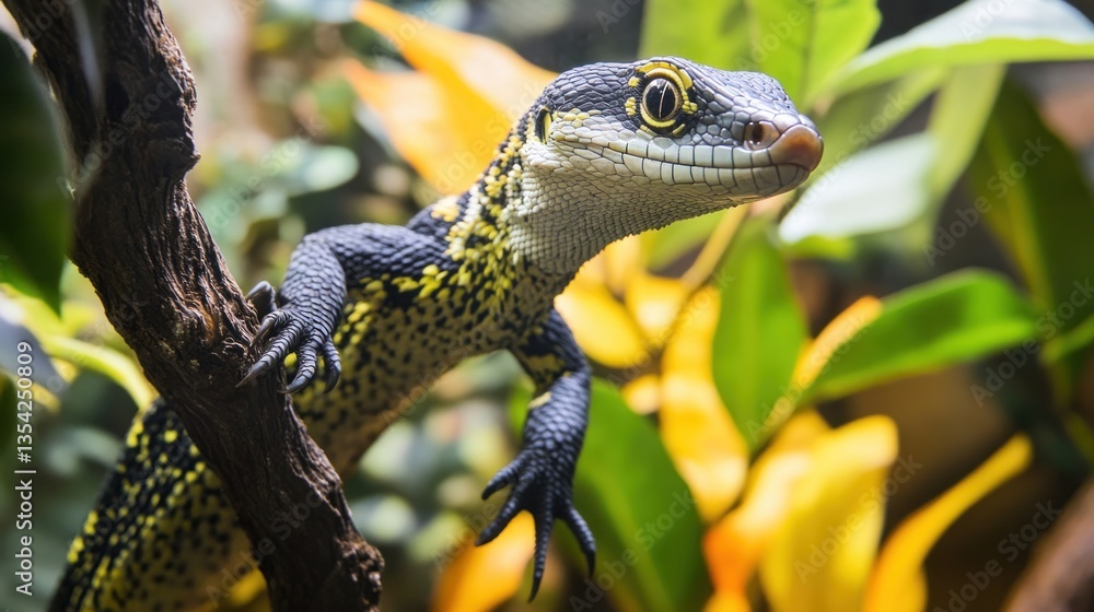 Obraz premium Lizard on branch, terrarium, vibrant foliage background, close-up, zoo exhibit