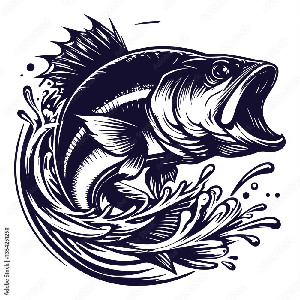 Dynamic Black and White Jumping Bass Fish Illustration Dynamic Black and White Jumping Bass Fish Illustration