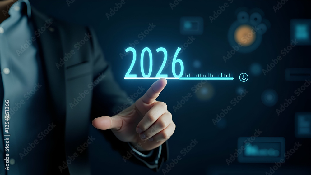 Businessman Interacts with Virtual Download Bar on New Year's Eve: Transitioning to 2026 in Style Businessman Interacts with Virtual Download Bar on New Year's Eve: Transitioning to 2026 in Style