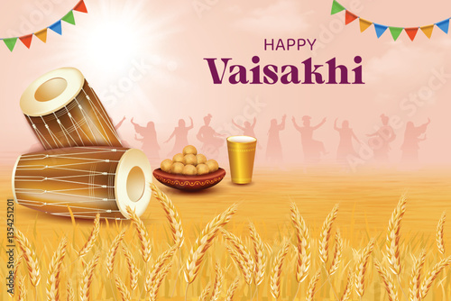Vaisakhi Festival Celebration With Drums, Wheat Field, Lassi and Silhouette Of Punjabi People Dancing On Pink Sky Color Background. Indian Ethnic Festive Sale Theme Concept Vector Illustration.