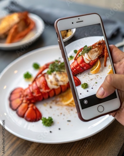 a person taking a photo of a delicious lobster dish with a mobile phone 