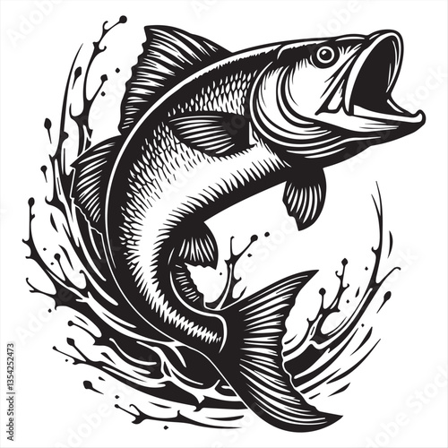 Dynamic Black and White Jumping Bass Fish Illustration