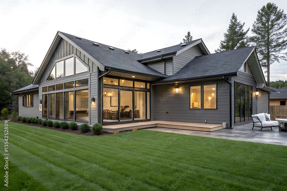 Obraz premium A gray ranch style model Hedges around modern house