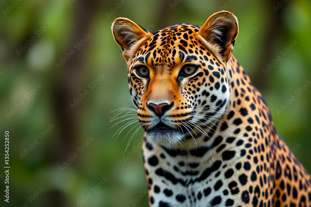 Obraz premium Fierce Angry Leopard with Sharp Focus, Displaying Its Intense Gaze Against a Blurred Bokeh Background, Vibrant Wallpaper