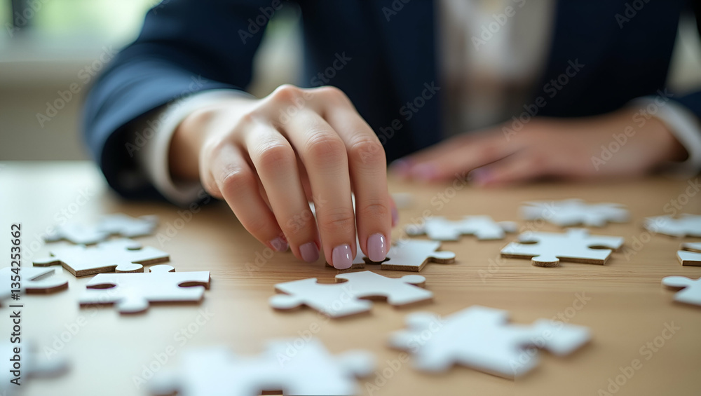 Flat Woman hand connecting jigsaw puzzle desk business solutions success strategy concept concept as Woman connects jigsaw puzzle pieces on desk representing strategic business solutions and success i Flat Woman hand connecting jigsaw puzzle desk business solutions success strategy concept concept as Woman connects jigsaw puzzle pieces on desk representing strategic business solutions and success i
