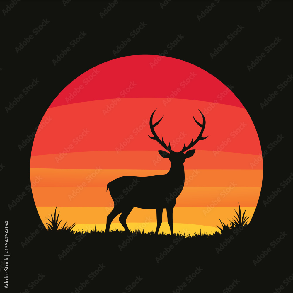 Fototapeta premium Deer silhouette in the sunset with antlers in a peaceful nature landscape