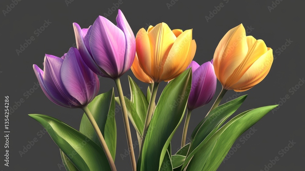 Fototapeta premium 3D tulip bouquet with bold purple and bright yellow tones, displayed on transparent background, smooth glossy petals, natural green leaves, crisp focus, and stylish and decorative design.