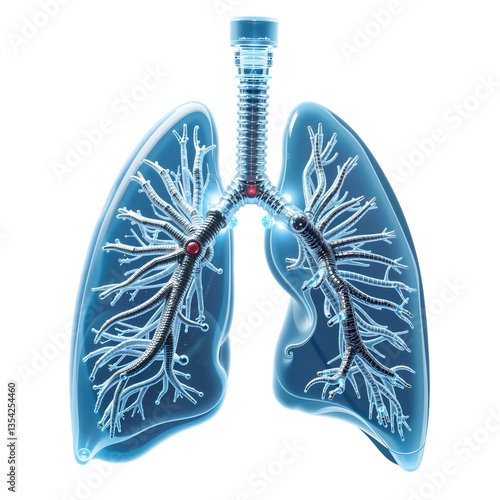 Human lungs with bronchial tree structure isolated on a transparent background for educational purposes