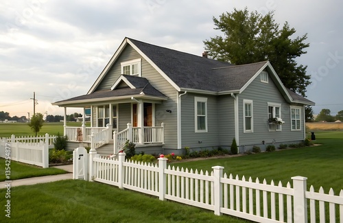 A gray ranch style model Hedges around modern house