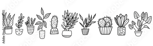 Set of Hand-Drawn Potted Plants and Succulents in Black and White