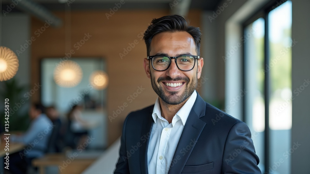 A confident and smiling businessman in a modern office setting. A confident and smiling businessman in a modern office setting.