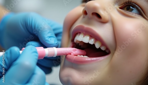 An ultra clear close up of a dentist applying bubble gum flavored fluoride treatment to a child's teeth, with the fluoride's texture and the child's smile clearly visible.