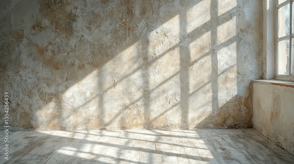 Sunlit Empty Room with Textured Wall and Shadow Play in Natural Light Sunlit Empty Room with Textured Wall and Shadow Play in Natural Light