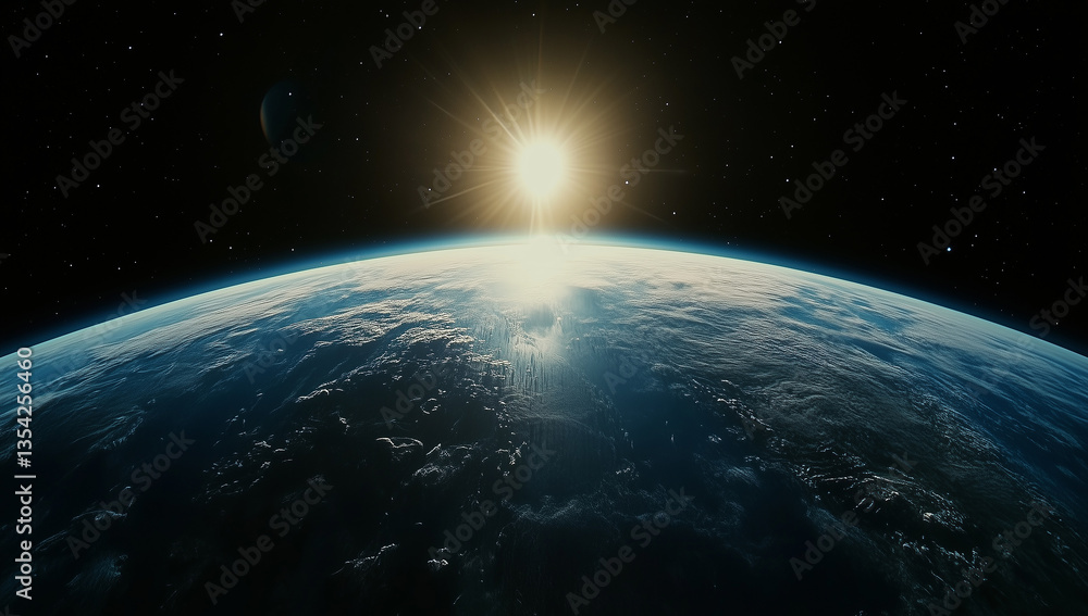Obraz premium Celestial sunrise reveals Earth’s curvature, showcasing the beauty of the planet from space at dawn
