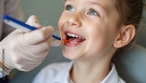 A close up shot of a dentist applying flavored dental sealant to a child's tooth, with the sealant's texture and the child's calm expression clearly visible.