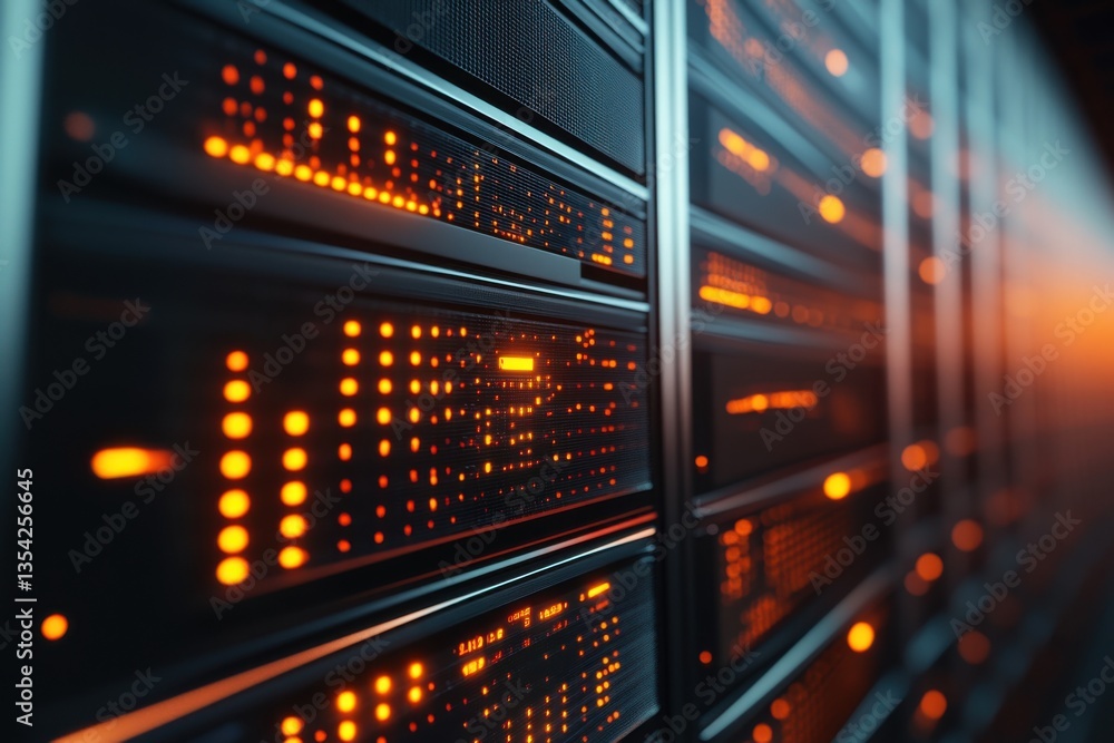 a row of servers with a digital display and orange lighting in a modern data center a row of servers with a digital display and orange lighting in a modern data center