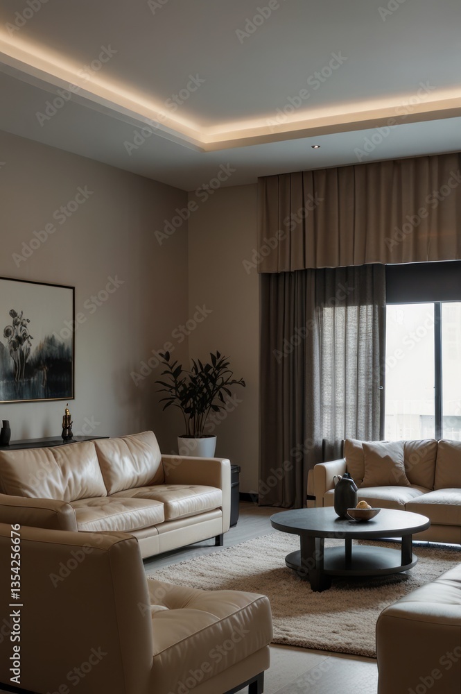 Fototapeta premium Tranquil living room with beige sofas, coffee table, and sheer curtains