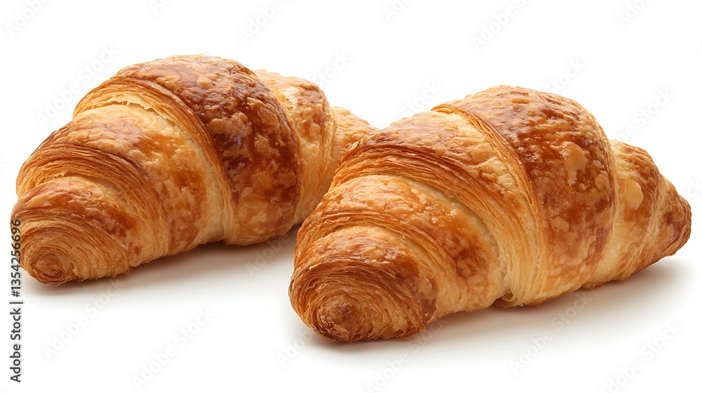 Two golden-brown croissants isolated on white. Two golden-brown croissants isolated on white.
