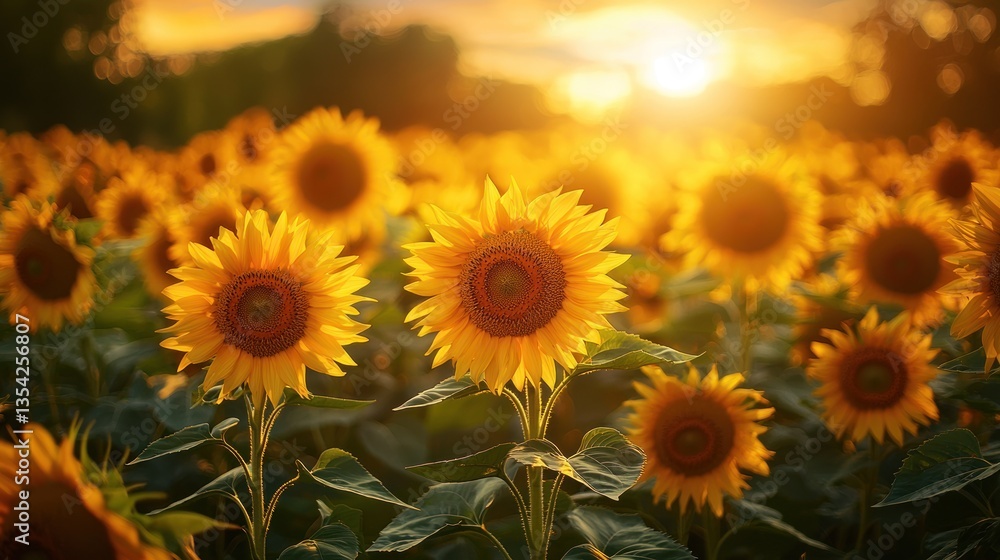 Obraz premium Sunlit Sunflower Field at Golden Hour Sunset