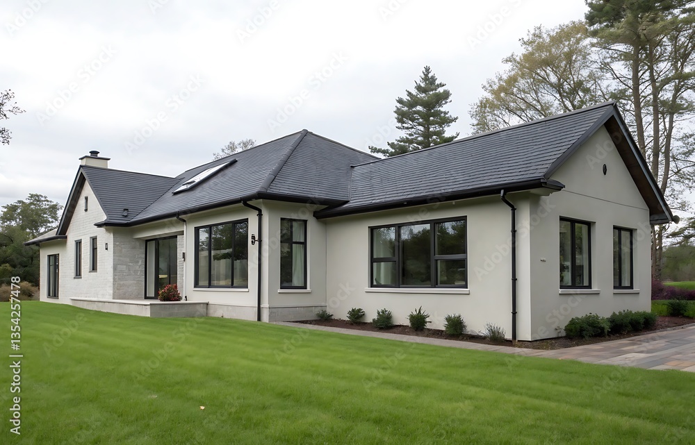 Obraz premium Modern new Construction White Siding Cottage House