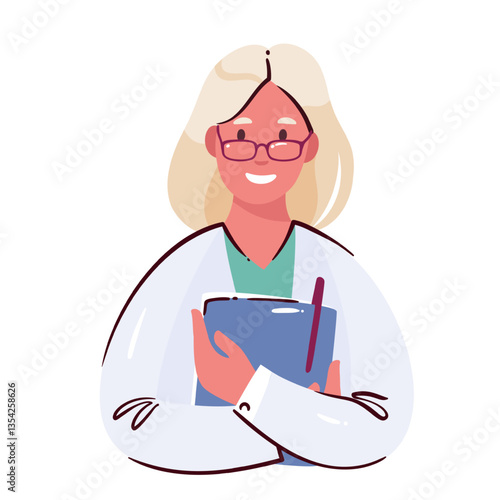 Female doctor in glasses cartoon avatar. Funny pharmacist, physician or general practitioner portrait. Cute woman holding medical documents in folder, cartoon doctor standing vector illustration