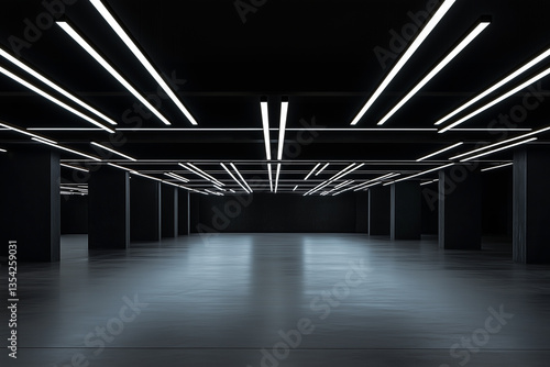 Empty warehouse with modern industrial style chandeliers