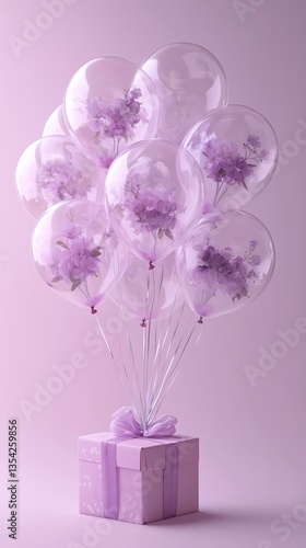 Beautifully arranged transparent balloons with flowers above a pastel gift box in soft purple hues