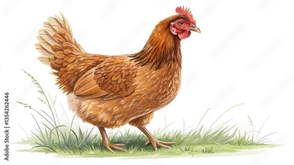 Fototapeta premium Realistic Brown Hen Isolated on White Background – Detailed Farm Animal Illustration