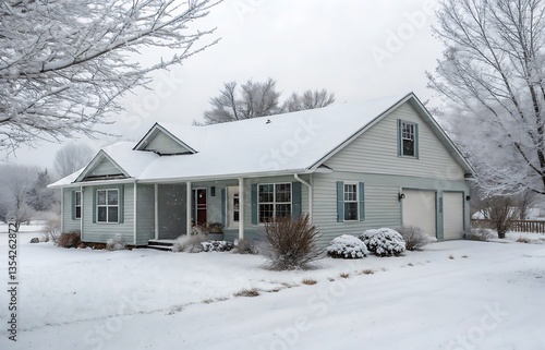 A gray ranch style model Hedges around modern house