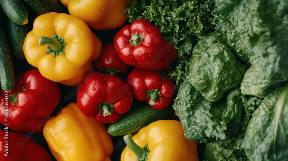 Vibrant Assortment of Fresh Vegetables: Red and Yellow Bell Peppers, Crisp Cucumbers, and Lush Green Lettuce Vibrant Assortment of Fresh Vegetables: Red and Yellow Bell Peppers, Crisp Cucumbers, and Lush Green Lettuce