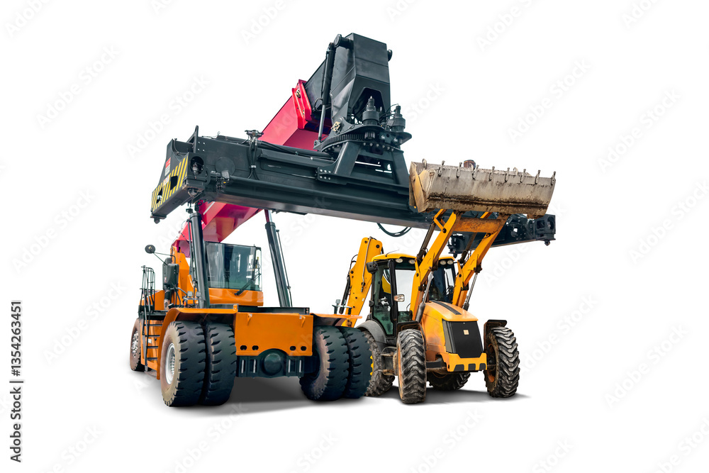 Fototapeta premium Heavy equipment including a large forklift and a backhoe loader are available for rent in a secluded area. Both machines showcase robust design and functionality.
