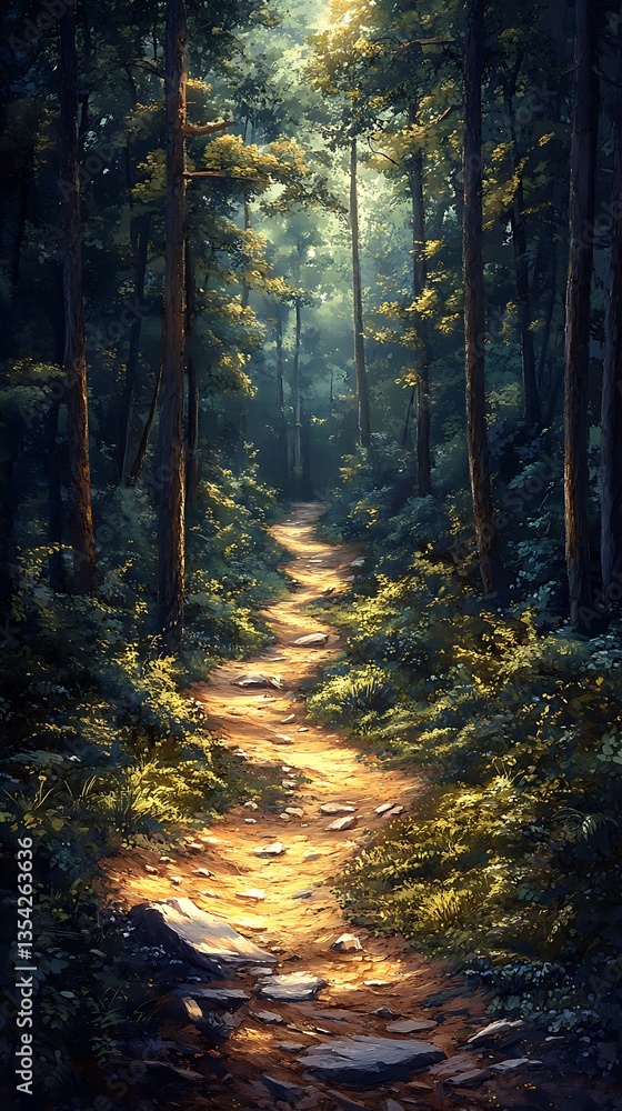 Fototapeta premium Serene Winding Trail Illuminated by Soft Sunlight in a Peaceful Forest