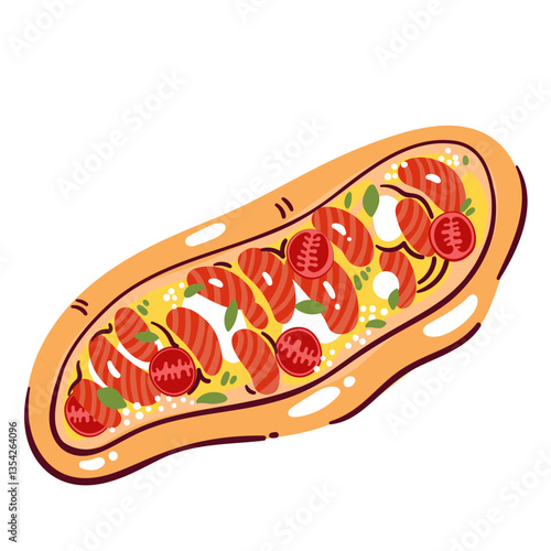 Whole cartoon pizza with salmon. Funny hot flatbread of oval shape with red fish and tomato slices, mozzarella and cheese sauce, basil. Fast food mascot, cartoon rustic pizza vector illustration