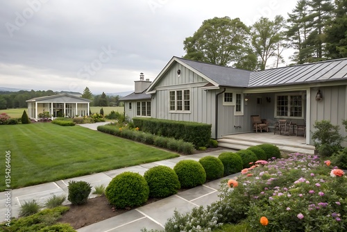 A gray ranch style model Hedges around modern house