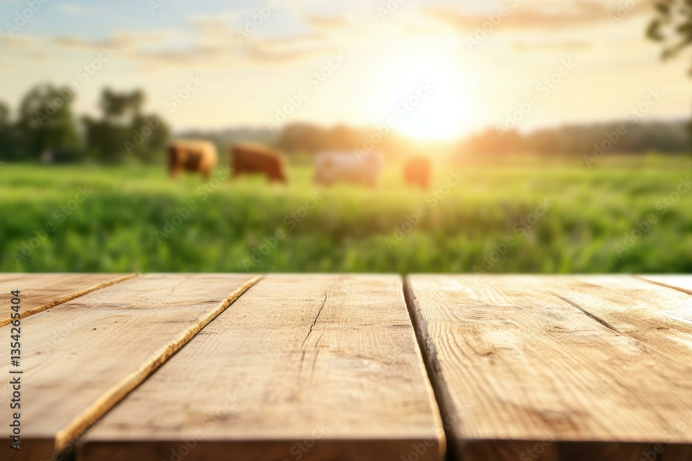 Empty wooden table overlooking a blurred green field with grazing cattle at sunset, perfect for product display Empty wooden table overlooking a blurred green field with grazing cattle at sunset, perfect for product display