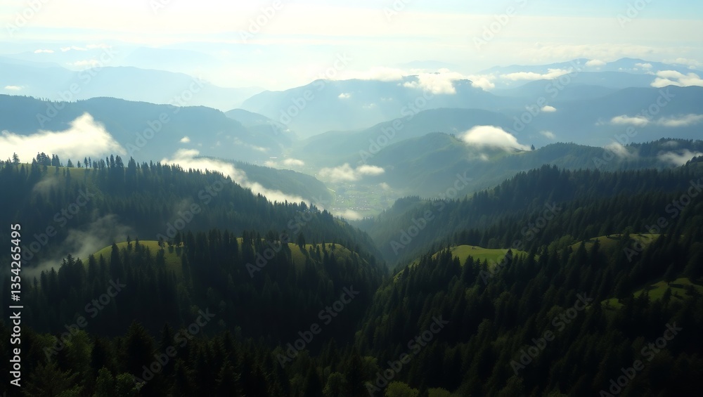 Fototapeta premium Serene Landscape of Green Hills and Morning Mist