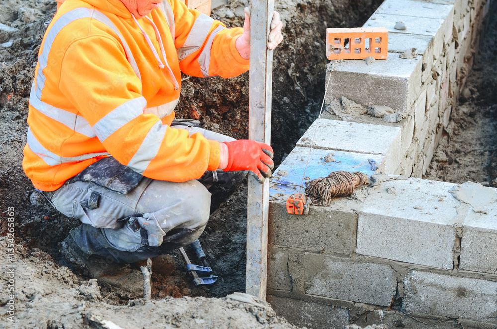 Bricklayer laying bricks on foundation at building site Bricklayer laying bricks on foundation at building site