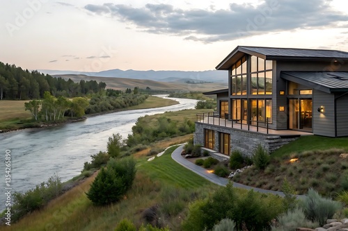A gray ranch style model Hedges around modern house