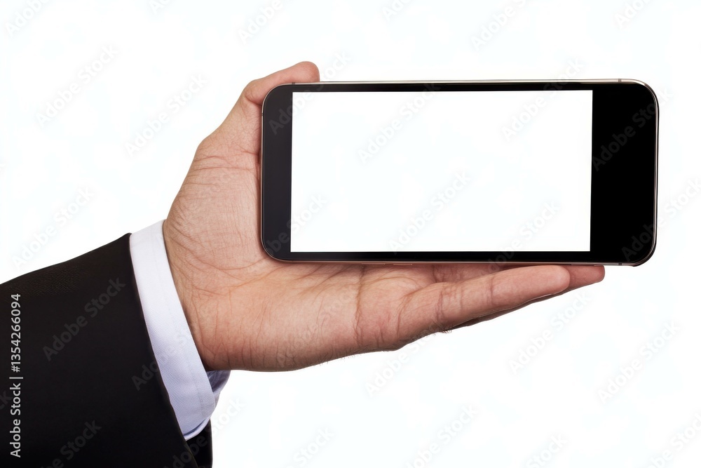 Hand in Suit Holding Smartphone with Blank Screen for Business Communication and Mobile Technology Hand in Suit Holding Smartphone with Blank Screen for Business Communication and Mobile Technology